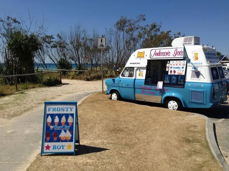 The blue Andersons' Ices ice cream van parked at a Gold Coast beach in 2018