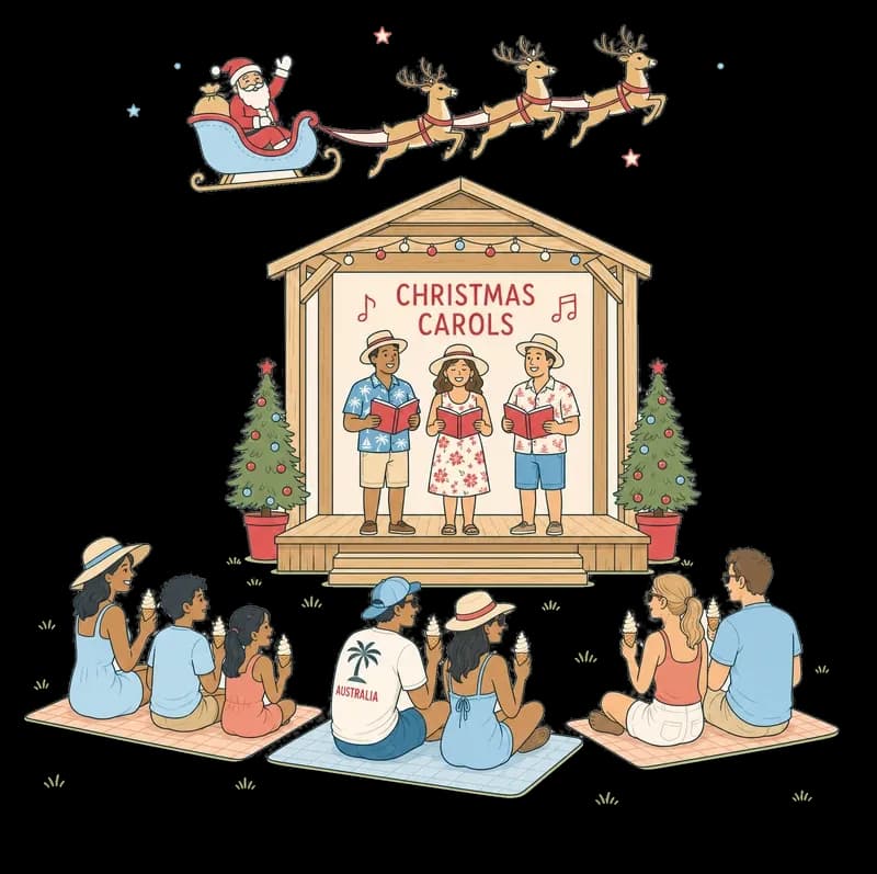 Illustration of families with soft serve cones on picnic rugs at an Australian Christmas carols event