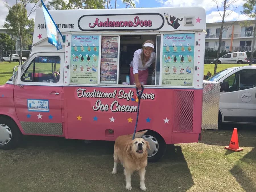 Janet and the family dog at the Andersons' Ices ice cream van at a Gold Coast community event, 2016