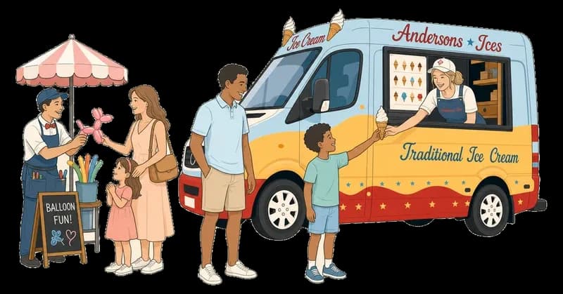 Illustration of a family at the Andersons' Ices ice cream van beside a balloon stall at a community street party