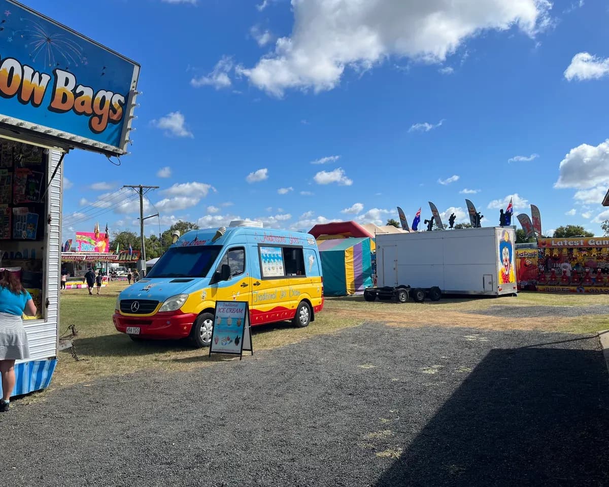 Andersons' Ices set up as a food vendor at a Gold Coast festival site with sideshow stalls and showbags