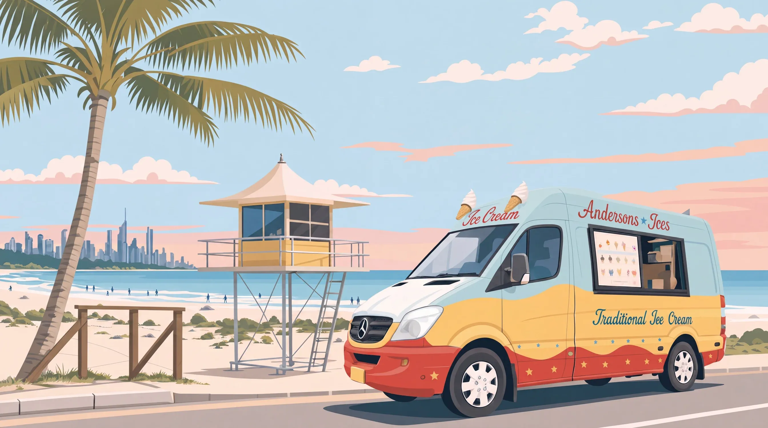 Illustration of the Andersons' Ices ice cream van on the Gold Coast beachfront at Surfers Paradise