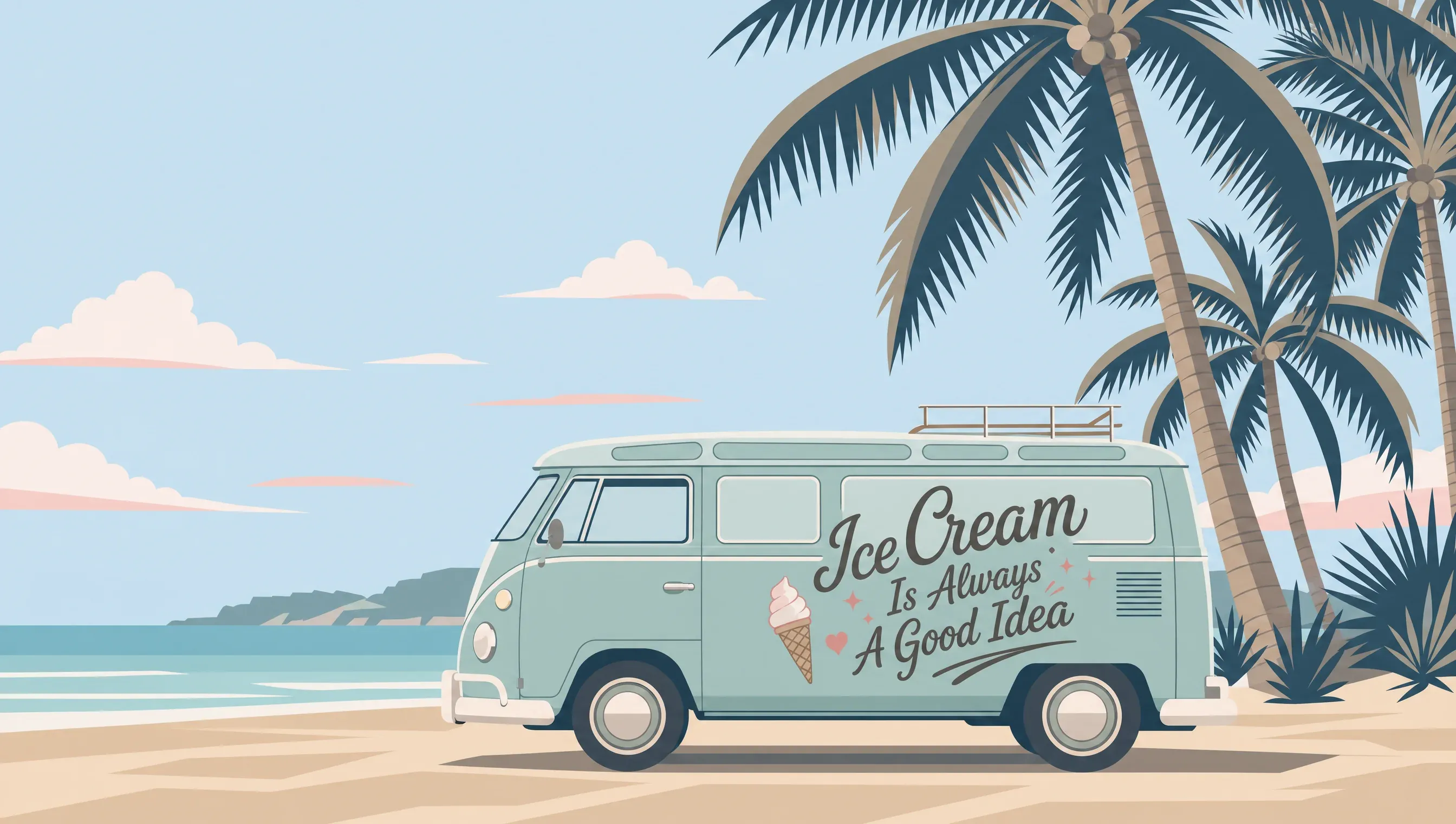 Illustration of the Andersons' Ices van parked on a Gold Coast beach beneath palm trees