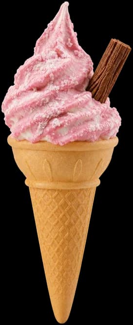A raspberry ripple whippy soft serve in a waffle cone with a chocolate flake