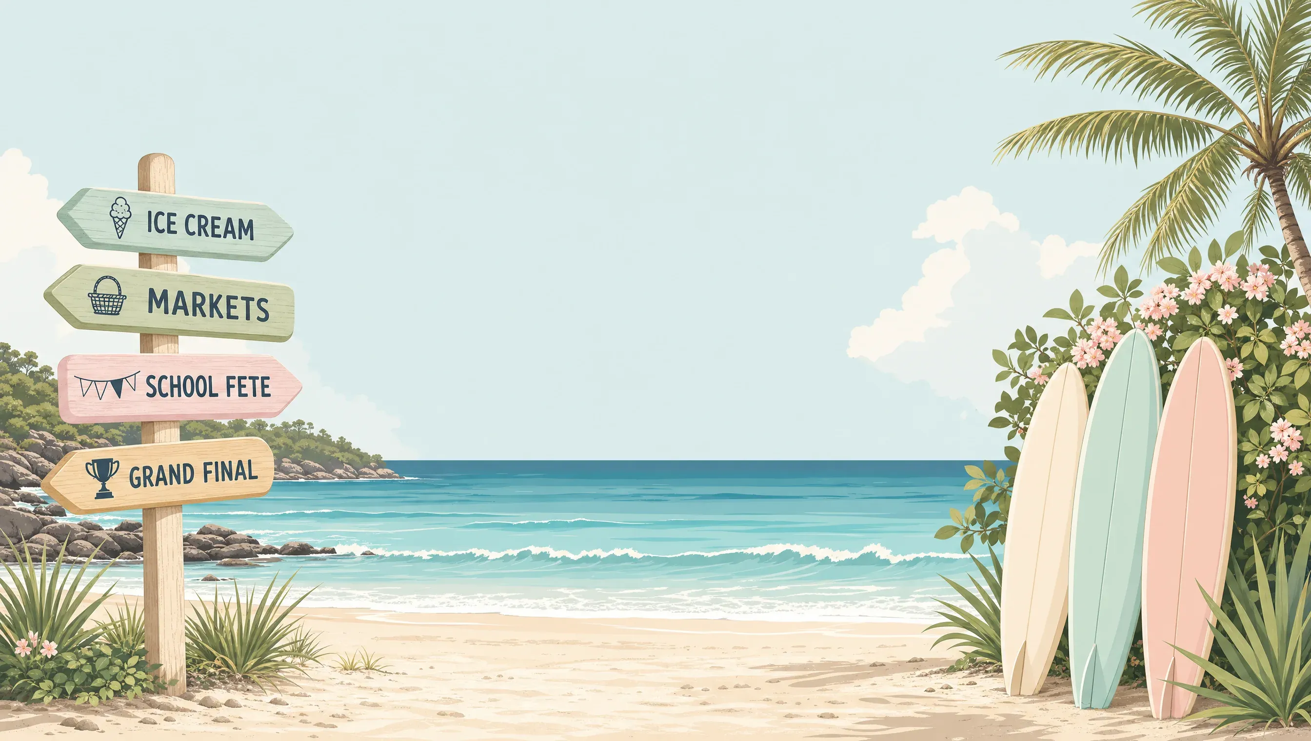 Illustration of a Gold Coast beach signpost pointing to ice cream, markets, a school fete and a grand final