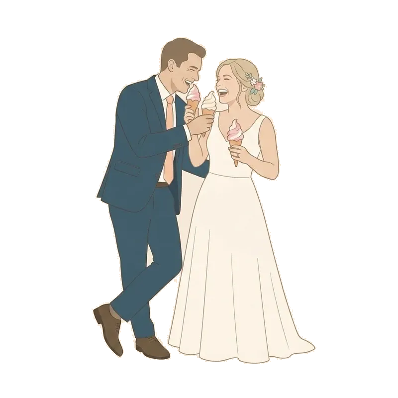 Illustration of a bride and groom sharing soft serve ice creams from a wedding dessert van