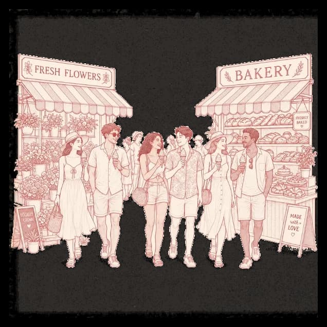 Illustration of people with soft serve cones walking past flower and bakery stalls at a weekend market