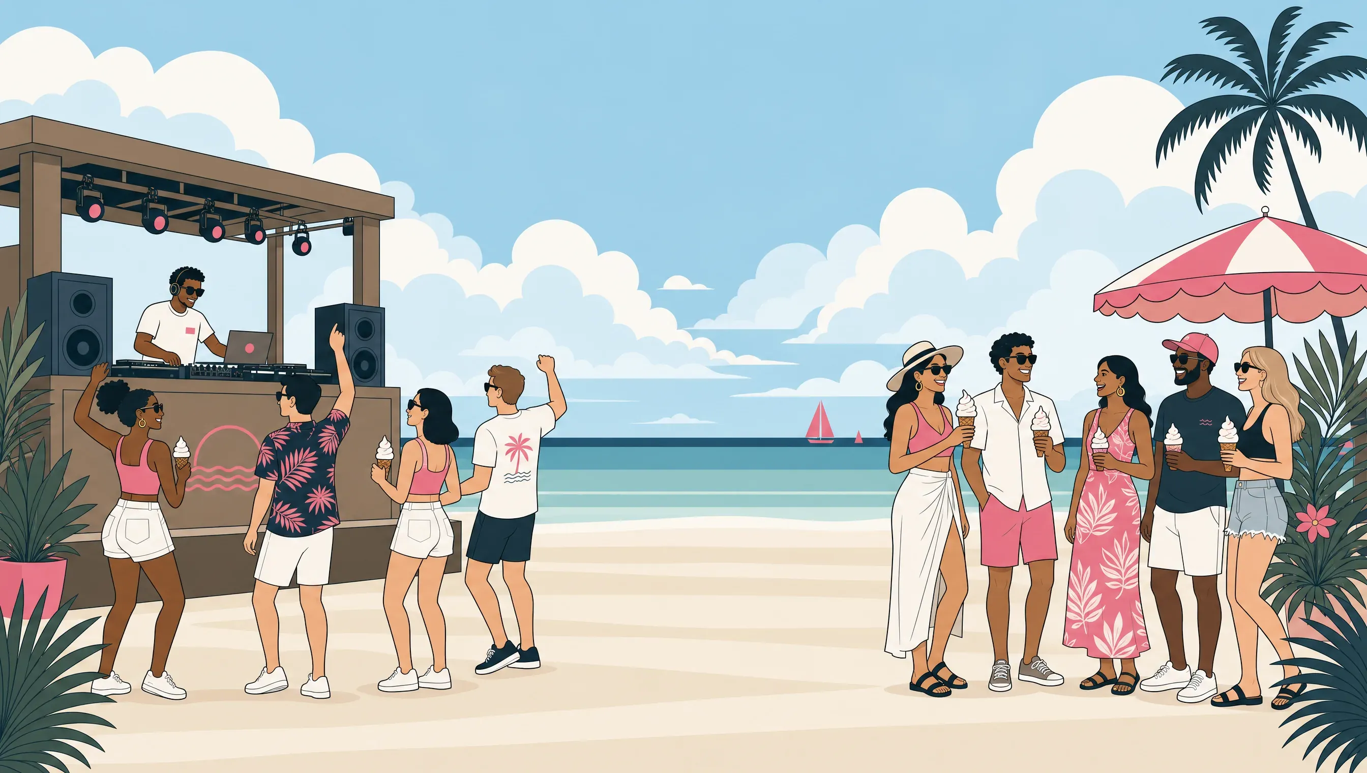 Illustration of a Gold Coast beach party with a DJ and guests enjoying soft serve ice creams