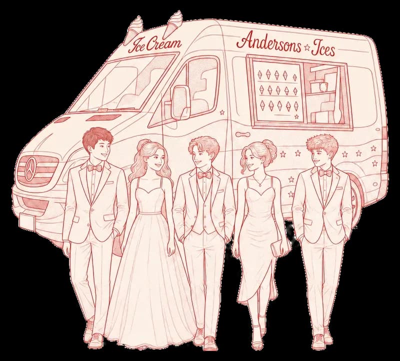 Illustration of five students in formal dress walking past the Andersons' Ices ice cream van at a school formal