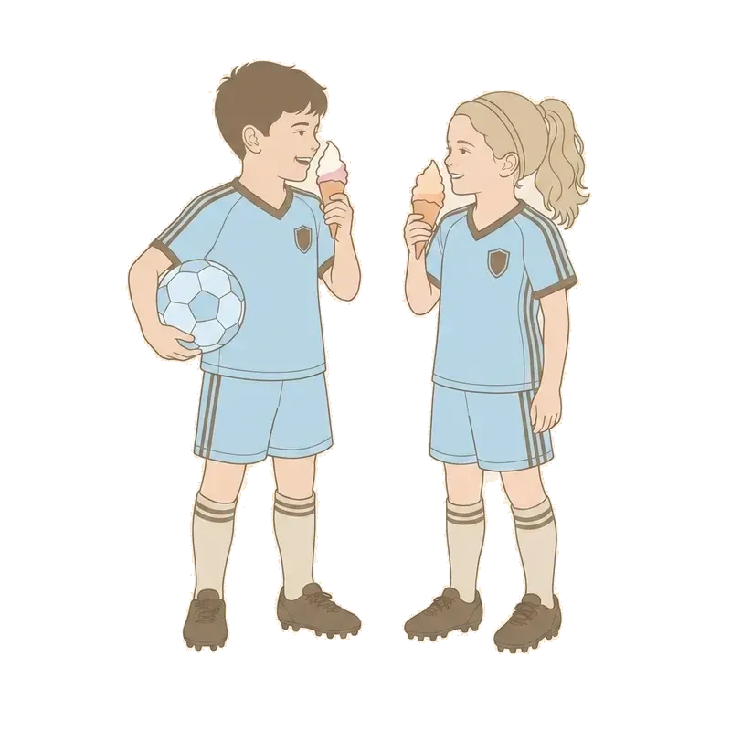 Illustration of two children in soccer kit with soft serve ice creams at a sports carnival
