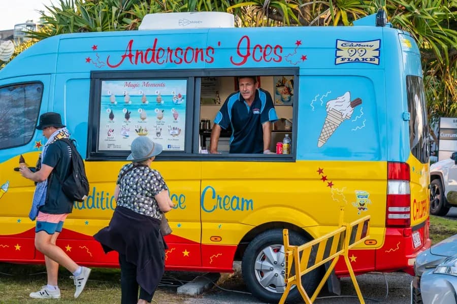 The Andersons' Ices ice cream truck serving guests at the Swell Sculpture Festival, Currumbin, 2023
