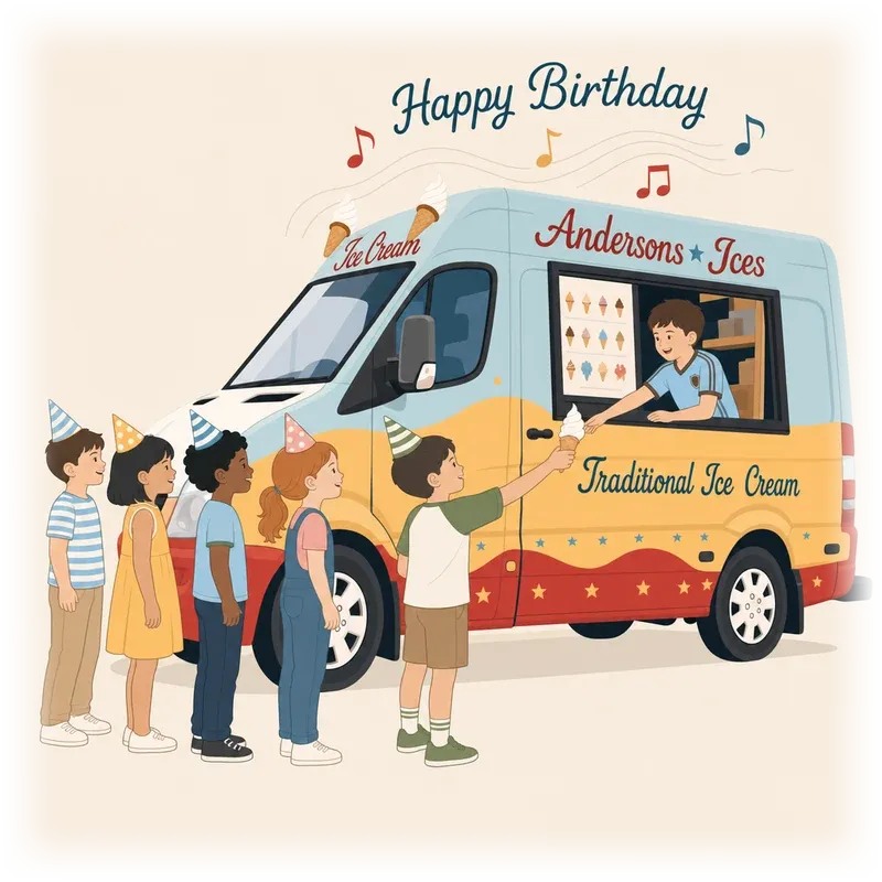 Illustration of children in party hats queuing at the ice cream van for a birthday party