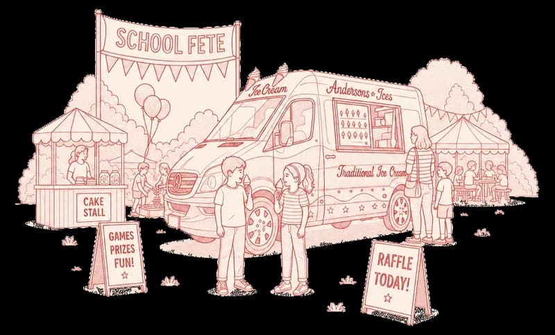 Illustration of children with soft serve cones at a school fete beside the Andersons' Ices ice cream van